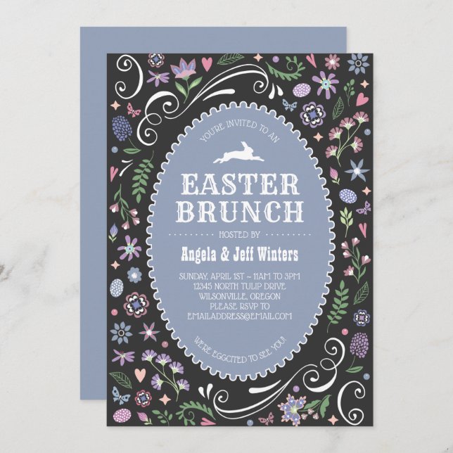 Invitación Brunch de Pascua en floral violeta (Anverso / Reverso)