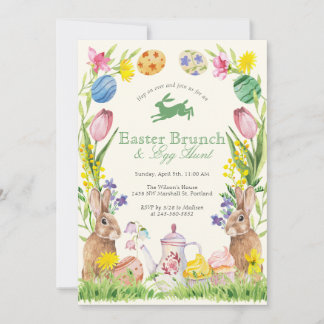 Invitación Brunch de Pascua Floral Acuarela Huevo Conejo Tete