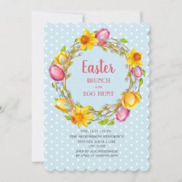 Invitación Brunch de Pascua Floral Azul Rosa Amarillo Caza de
