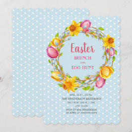 Invitación Brunch de Pascua Floral Azul Rosa Amarillo Caza de