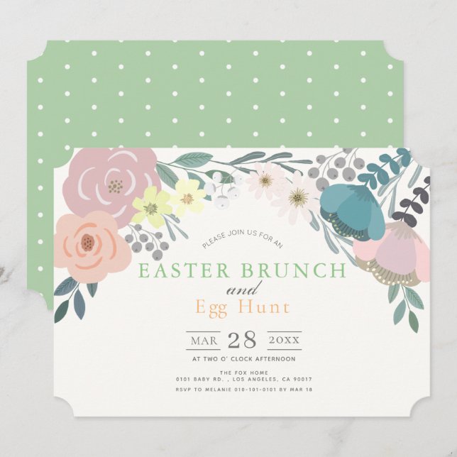 Invitación Brunch de Pascua floral de primavera y caza de hue (Anverso / Reverso)