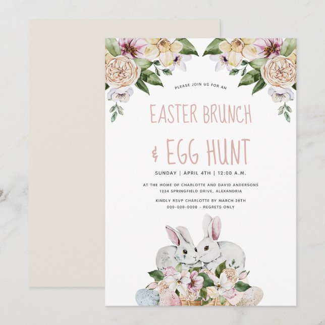 Invitación Brunch de Pascua Floral y caza de huevos (Anverso / Reverso)
