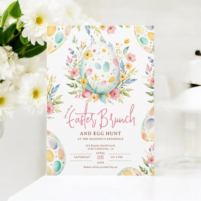 Invitación Brunch de Pascua Floral y caza de huevos (Floral Watercolor Easter Brunch and Egg Hunt Invitation)
