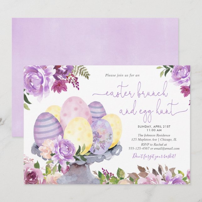 Invitación Brunch de Pascua Floral y caza de huevos (Anverso / Reverso)