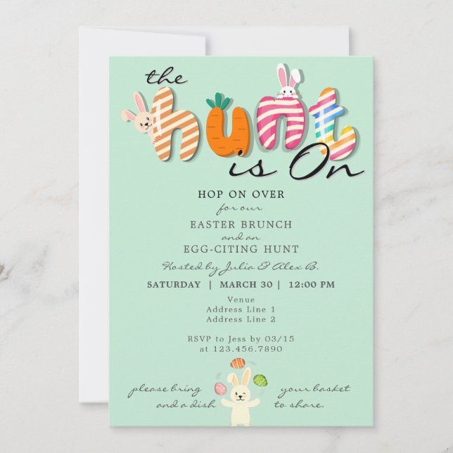 Invitación Brunch de Pascua Huevos Hunt Bunny Colorful Pastel (Anverso)