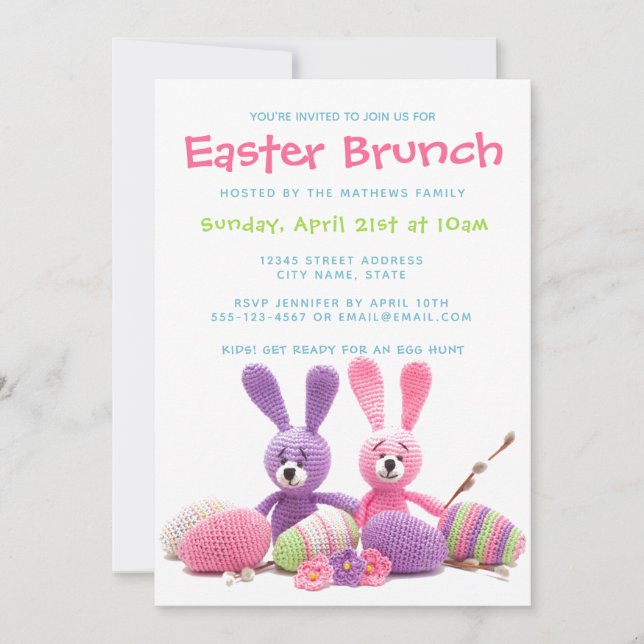 Invitación Brunch de Pascua Kitted Bunnies Huevos Florales |  (Anverso)