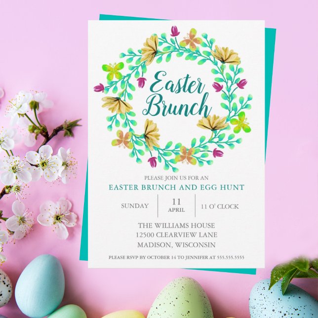 Invitación Brunch de Pascua Luminoso Turquesa Floral Elegante (Subido por el creador)