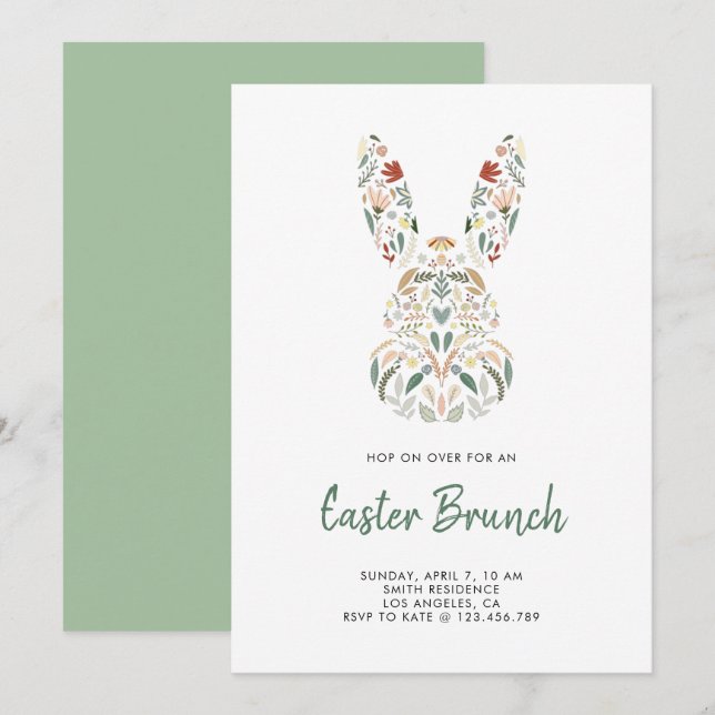 Invitación Brunch de Pascua Moderno de Moda Floral Bunny (Anverso / Reverso)