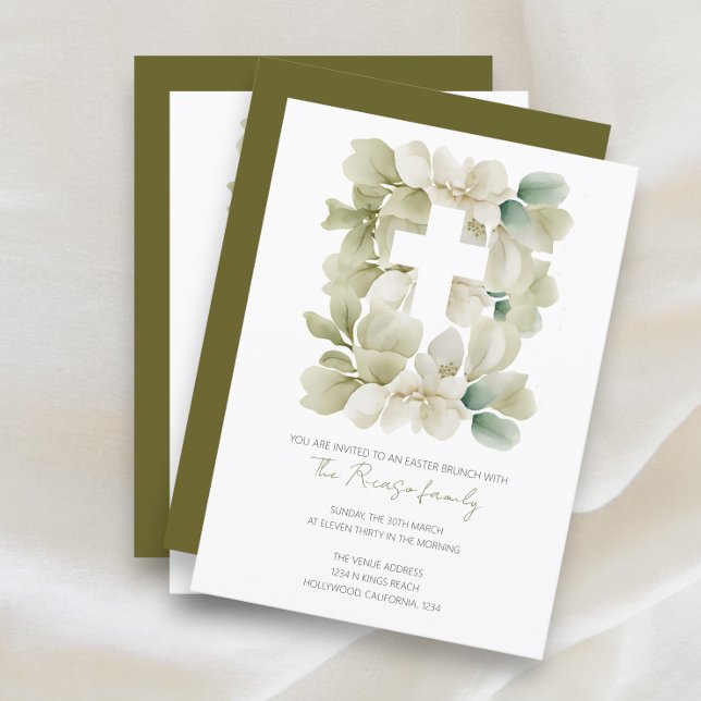 Invitación Brunch de Pascua Religiosa Cristiana (Religious Christian Cross Leaf Easter Brunch Invitations from Ricaso. easy to add your own text)