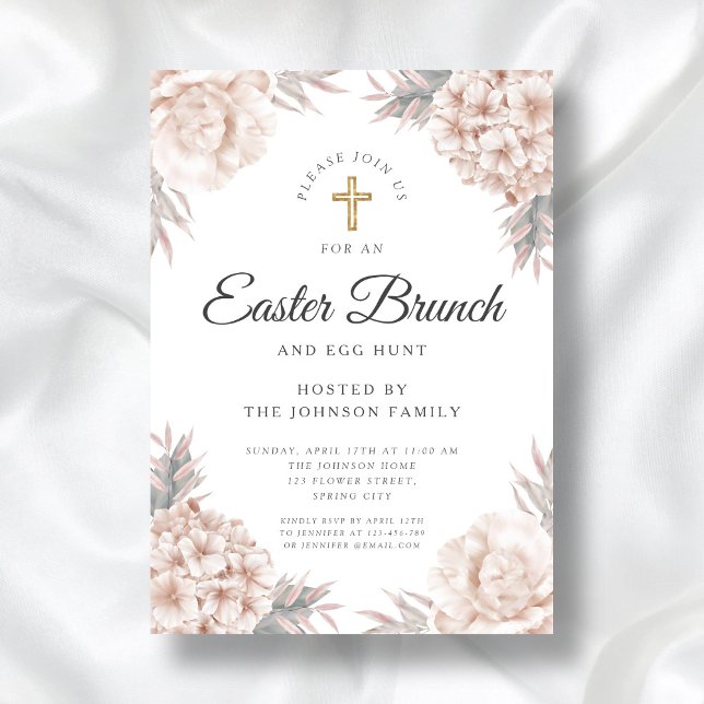 Invitación Brunch de Pascua Religioso de los pueblos florales (Modern Floral Peonies Religious Easter Brunch Invitation)