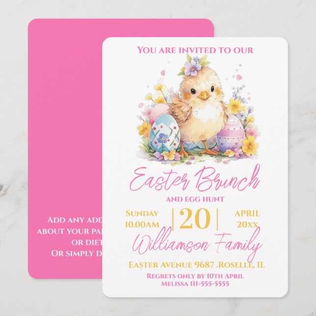 Invitación Brunch de Pascua rosa con flor de pollo (Anverso / Reverso)
