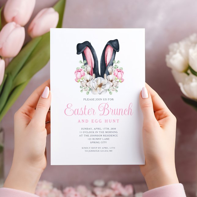 Invitación Brunch de Pascua Rosado Floral Bunny Ears Easter (Pink Floral Bunny Ears Easter Brunch Invitation)