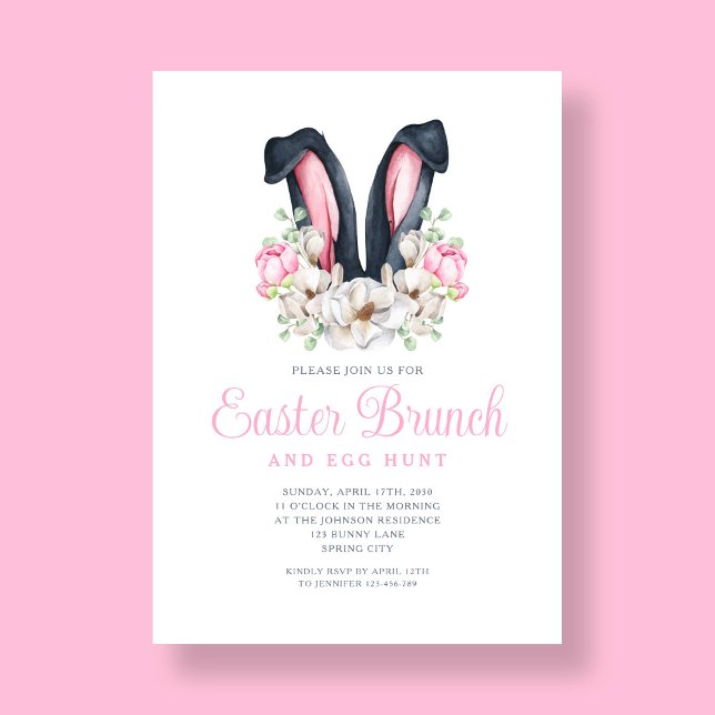 Invitación Brunch de Pascua Rosado Floral Bunny Ears Easter (Pink Floral Bunny Ears Easter Brunch Invitation)