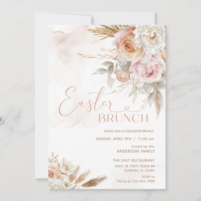 Invitación Brunch de Pascua Rubor Pink Flowers (Anverso)