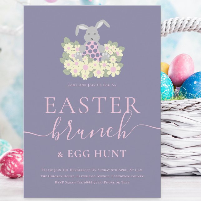Invitación Brunch de Pascua y búsqueda de huevos (Cute easter bunny egg hunt and brunch spring party purple pink invitation )