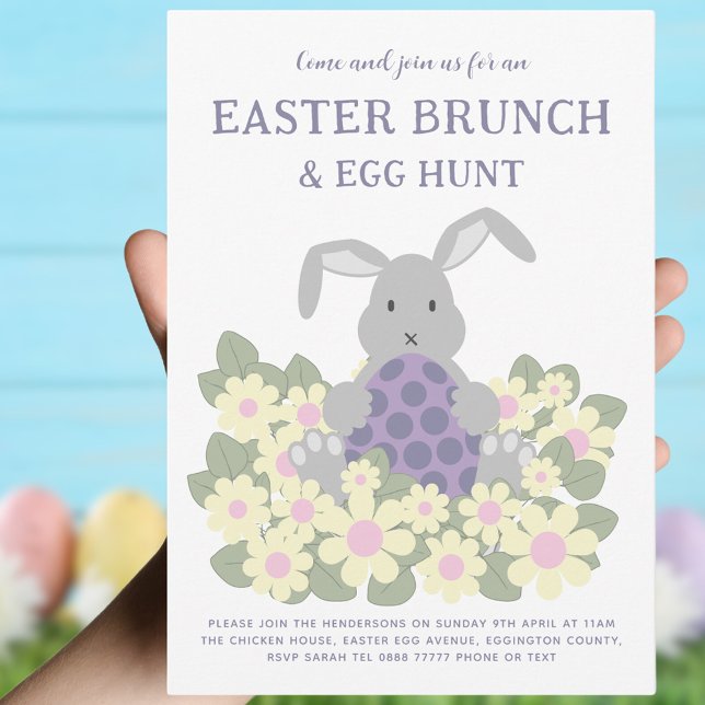 Invitación Brunch de Pascua y cacería de huevo floral de cone (Easter brunch and egg hunt cute bunny spring floral invitation. Modern Pink purple green and gray)