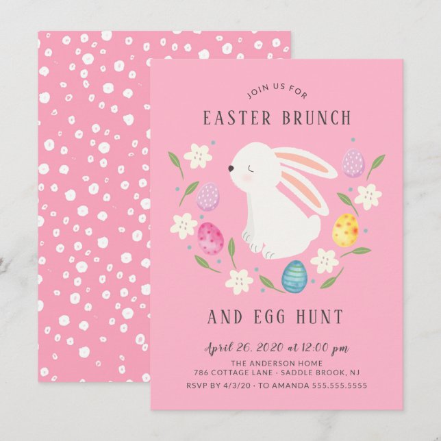 Invitación Brunch de Pascua y caza de huevos para conejitos a (Anverso / Reverso)