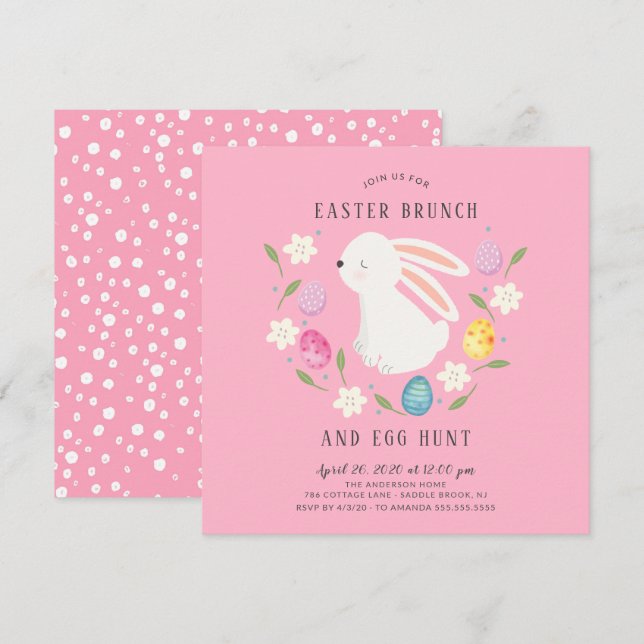 Invitación Brunch de Pascua y caza de huevos para conejitos a (Anverso / Reverso)