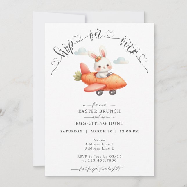 Invitación Brunch de Pascua y concha de huevo conejito de avi (Anverso)