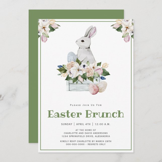 Invitación Brunch de Pascua y conejo de acuarela de caza de h (Anverso / Reverso)
