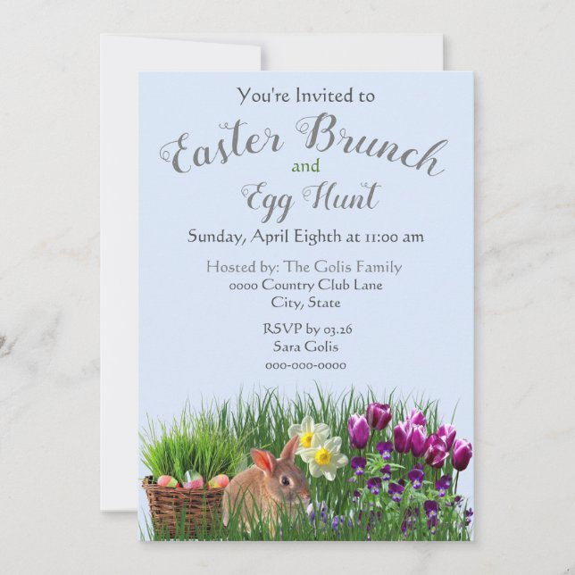 Invitación Brunch de Pascua y familia de caza de huevos (Anverso)