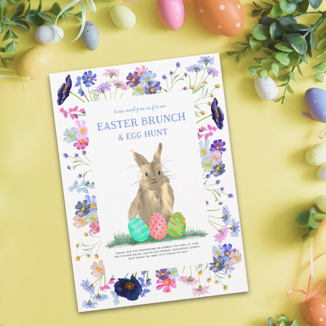 Invitación Brunch de Pascua y Flor silvestre de caza de huevo (Easter egg hunt spring brunch watercolor cute bunny wildflower floral garden party invitation)