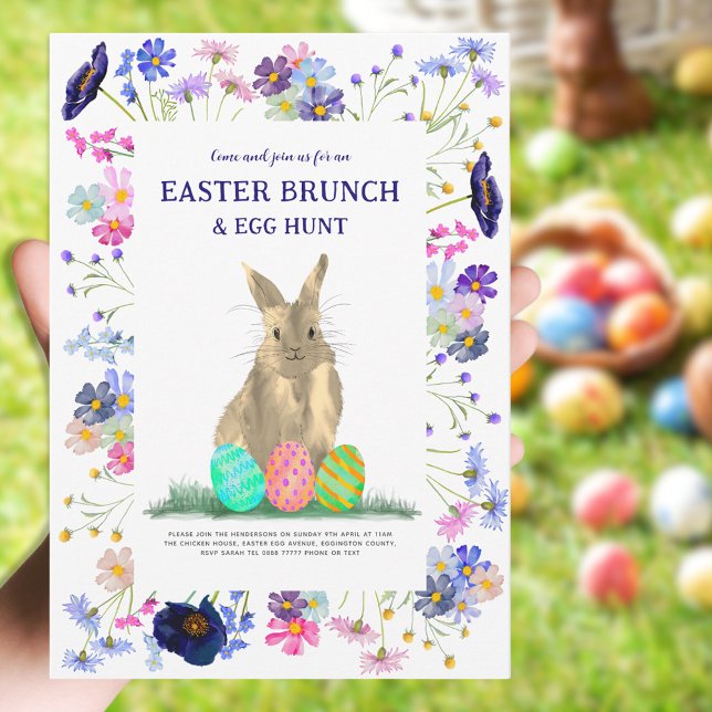Invitación Brunch de Pascua y Floral de caza de huevos confit (Easter brunch and egg hunt cute bunny boho floral watercolor invitation blue purple pink green)