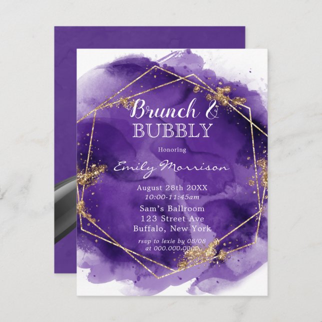 Invitación Brunch de pintura morada y dorada y burbuja (Anverso / Reverso)