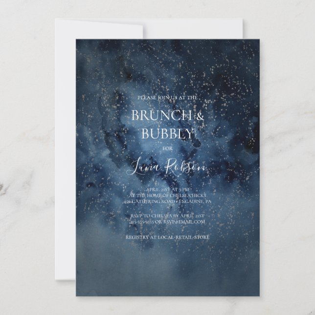 Invitación Brunch de plata y burbujas de cielo celestal noctu (Anverso)