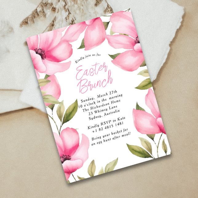 Invitación Brunch de primavera, flores rosadas de Pascua, fie (Subido por el creador)