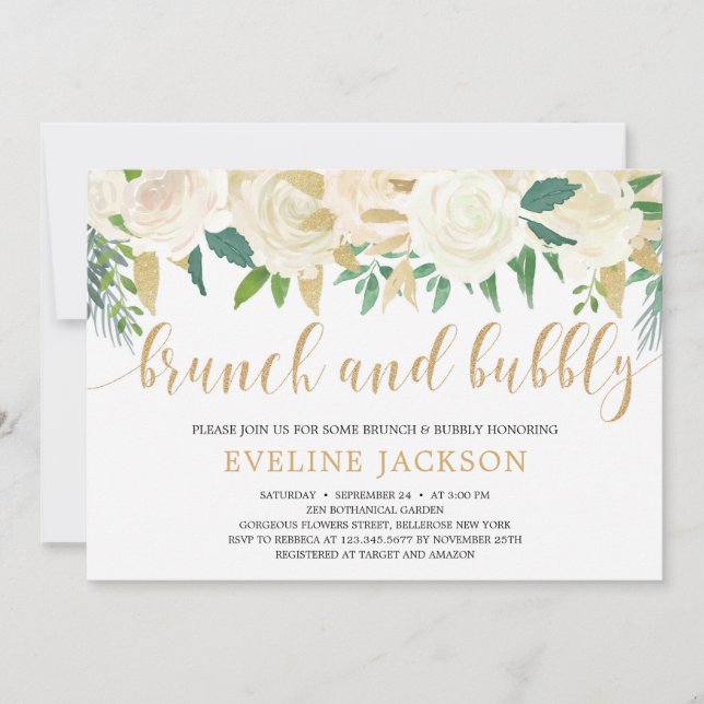 Invitación Brunch de purpurina de oro floral de marfil rústic (Anverso)