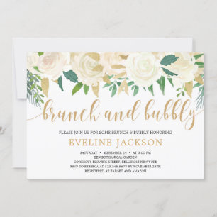 Invitación Brunch de purpurina de oro floral de marfil rústic
