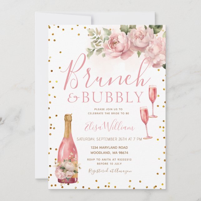 Invitación Brunch de Purpurina dorado y ducha de novia burbuj (Anverso)