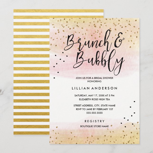 Invitación Brunch de Purpurina rosado dorado y ducha de novia (Anverso / Reverso)