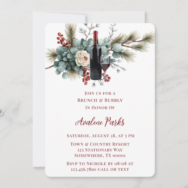 Invitación Brunch de rosa blanca y floral de invierno (Anverso)