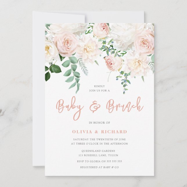 Invitación Brunch de Rubor y Baby Shower floral blanco (Anverso)