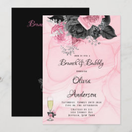 Invitación Brunch de tinta floral rosa de lujo y burbuja