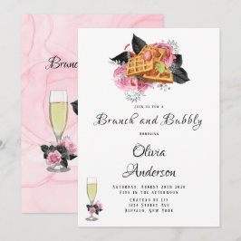 Invitación Brunch de tinta floral rosa de lujo y burbuja