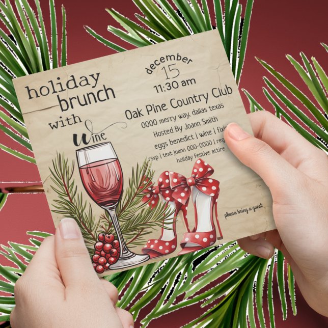 Invitación Brunch de vacaciones con Fiesta de vino (Cute ladies holiday brunch invite with wine, pine and heels in red and hunter green. )