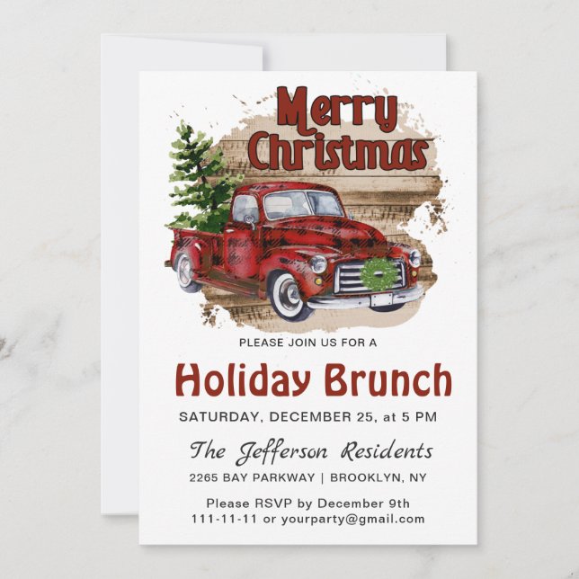 Invitación Brunch de vacaciones de camionetas rojas de Navida (Anverso)