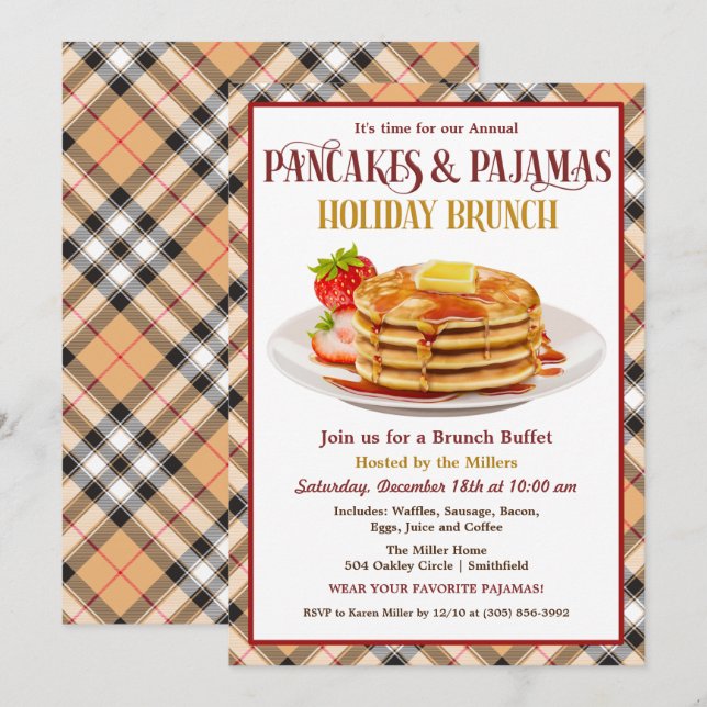 Invitación Brunch de vacaciones de Panqueques y Pijamas (Anverso / Reverso)