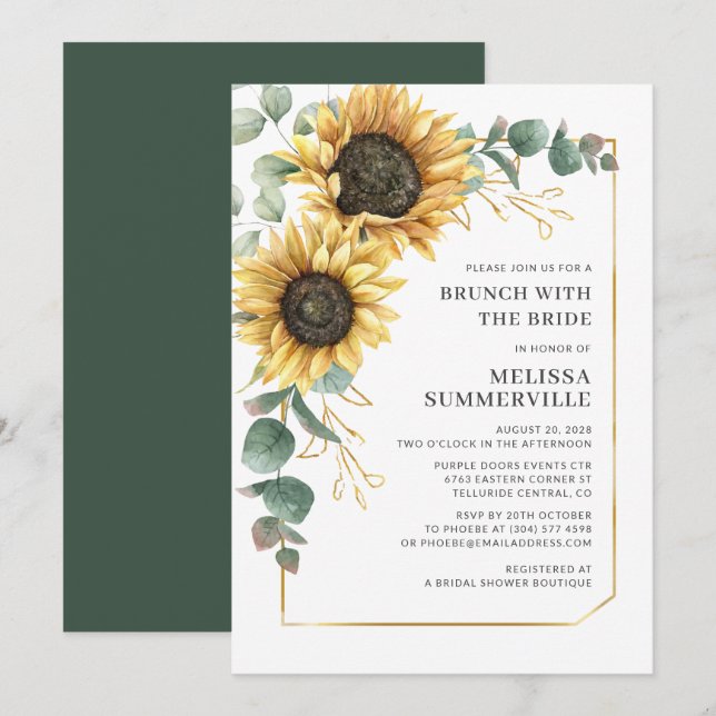 Invitación Brunch de vegetación de Eucalipto de girasol con n (Anverso / Reverso)