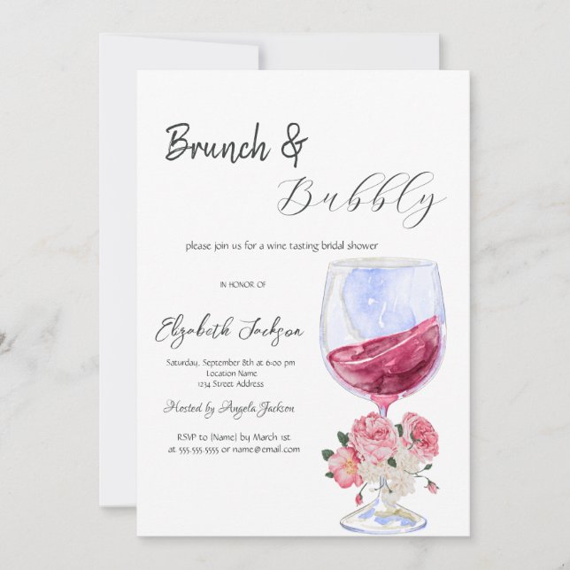 Invitación Brunch de vidrio de vino floral y burbuja (Anverso)