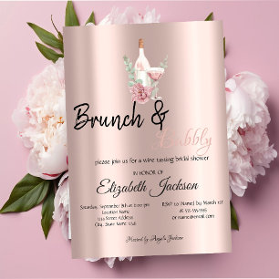 Invitación Brunch de vino floral y rosado dorado burbujeante