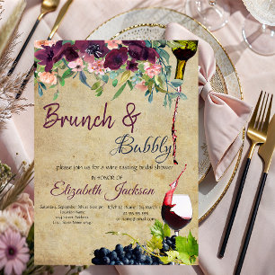 Invitación Brunch de vino, uvas y flores con burbujas
