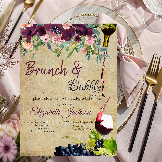 Invitación Brunch de vino, uvas y flores con burbujas (Subido por el creador)