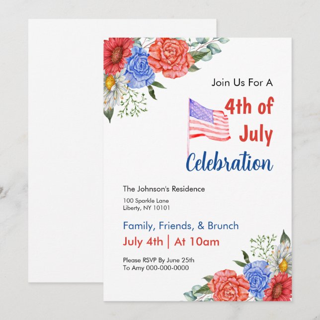 Invitación Brunch del 4 de julio con acuarela (Anverso / Reverso)