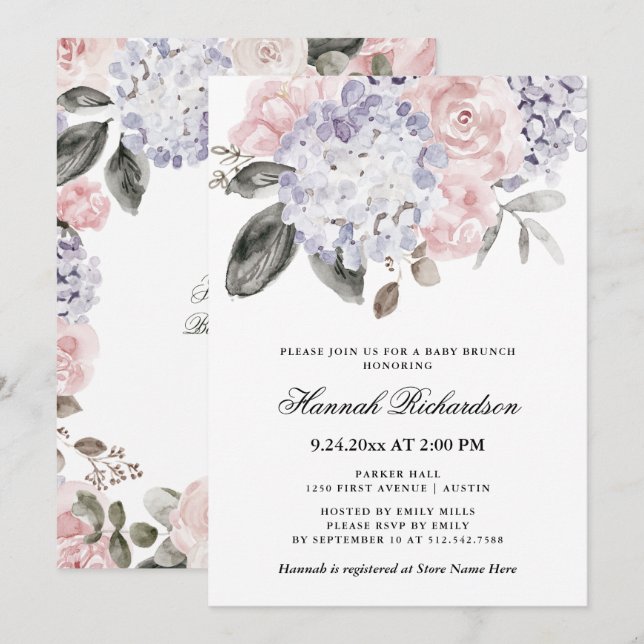 Invitación Brunch del bebé de los Hydrangeas el | de la (Anverso / Reverso)