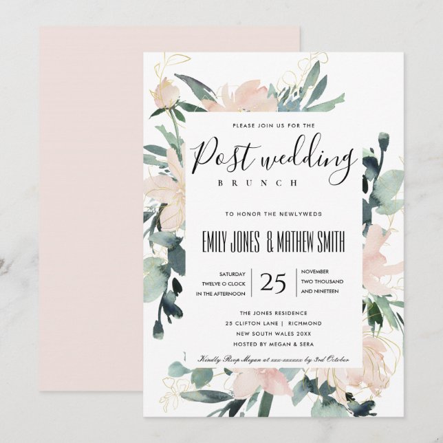 INVITACIÓN BRUNCH DEL BODA DE PUESTO DE ORO DE FLORAL ROSA DE (Anverso / Reverso)