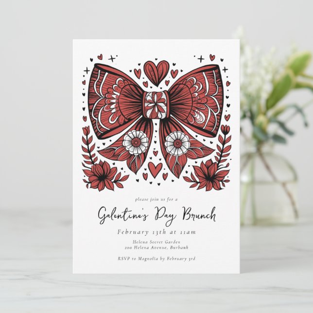 Invitación Brunch del día de Coquette Bow Galentine (Anverso de pie)